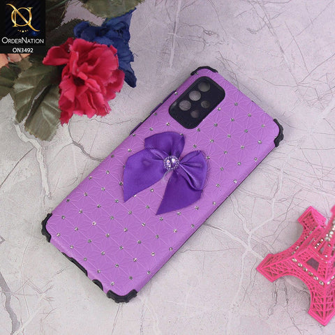 Samsung Galaxy A52 Cover - Purple - New Girlish Look Rhime Stone With Bow Camera Protection Soft Case