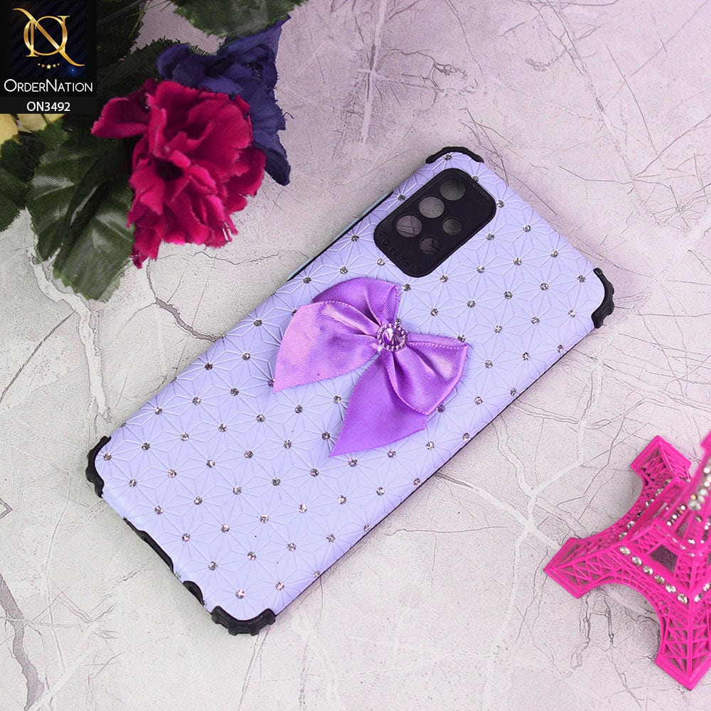 Samsung Galaxy A72 Cover - Light Purple - New Girlish Look Rhime Stone With Bow Camera Protection Soft Case