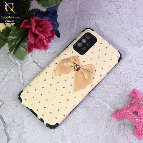 Samsung Galaxy A72 Cover - Off White - New Girlish Look Rhime Stone With Bow Camera Protection Soft Case
