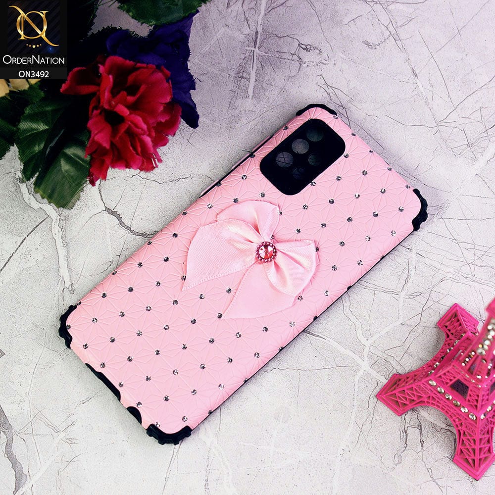 Samsung Galaxy A72 Cover - Pink - New Girlish Look Rhime Stone With Bow Camera Protection Soft Case