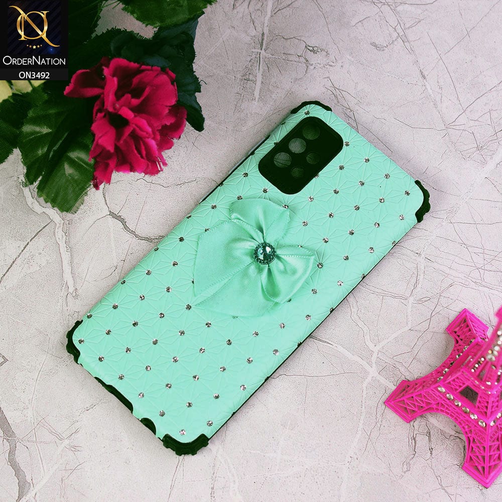 Samsung Galaxy A72 Cover - Sea Green - New Girlish Look Rhime Stone With Bow Camera Protection Soft Case
