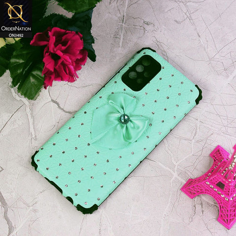 Samsung Galaxy A72 Cover - Sea Green - New Girlish Look Rhime Stone With Bow Camera Protection Soft Case