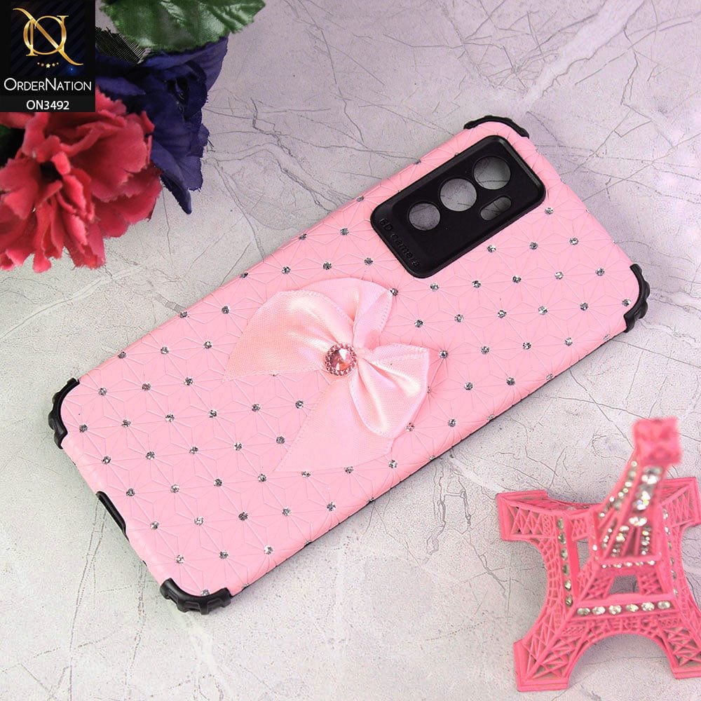 Vivo S10e Cover - Pink - New Girlish Look Rhime Stone With Bow Camera Protection Soft Case