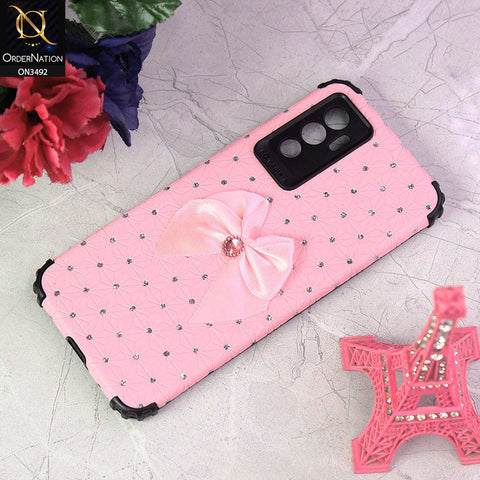 Vivo V23e Cover - Pink - New Girlish Look Rhime Stone With Bow Camera Protection Soft Case