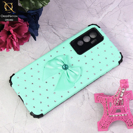 Vivo S10e Cover - Sea Green - New Girlish Look Rhime Stone With Bow Camera Protection Soft Case