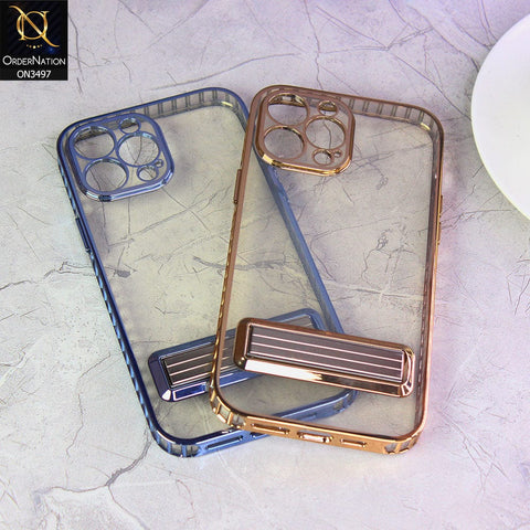 iPhone 13 Pro Max Cover  -Sierra Blue - J-Case Hohner series Luxury Electroplating Borders Transparent Protective Case With Metal Kickstand Holder