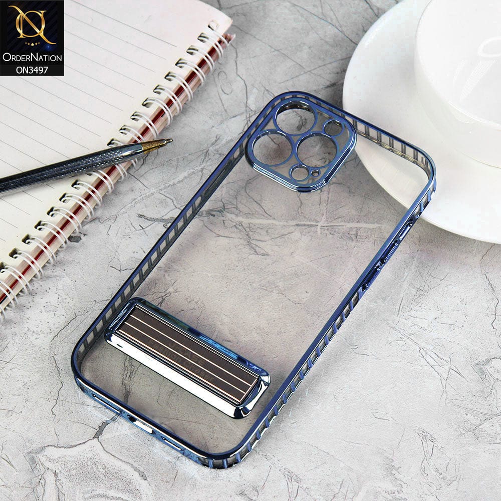 iPhone 13 Pro Max Cover  -Sierra Blue - J-Case Hohner series Luxury Electroplating Borders Transparent Protective Case With Metal Kickstand Holder