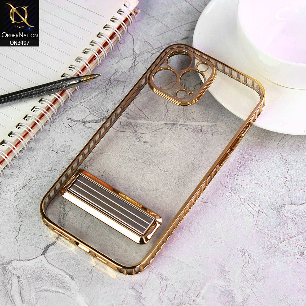 iPhone 13 Pro Max Cover  - Golden - J-Case Hohner series Luxury Electroplating Borders Transparent Protective Case With Metal Kickstand Holder