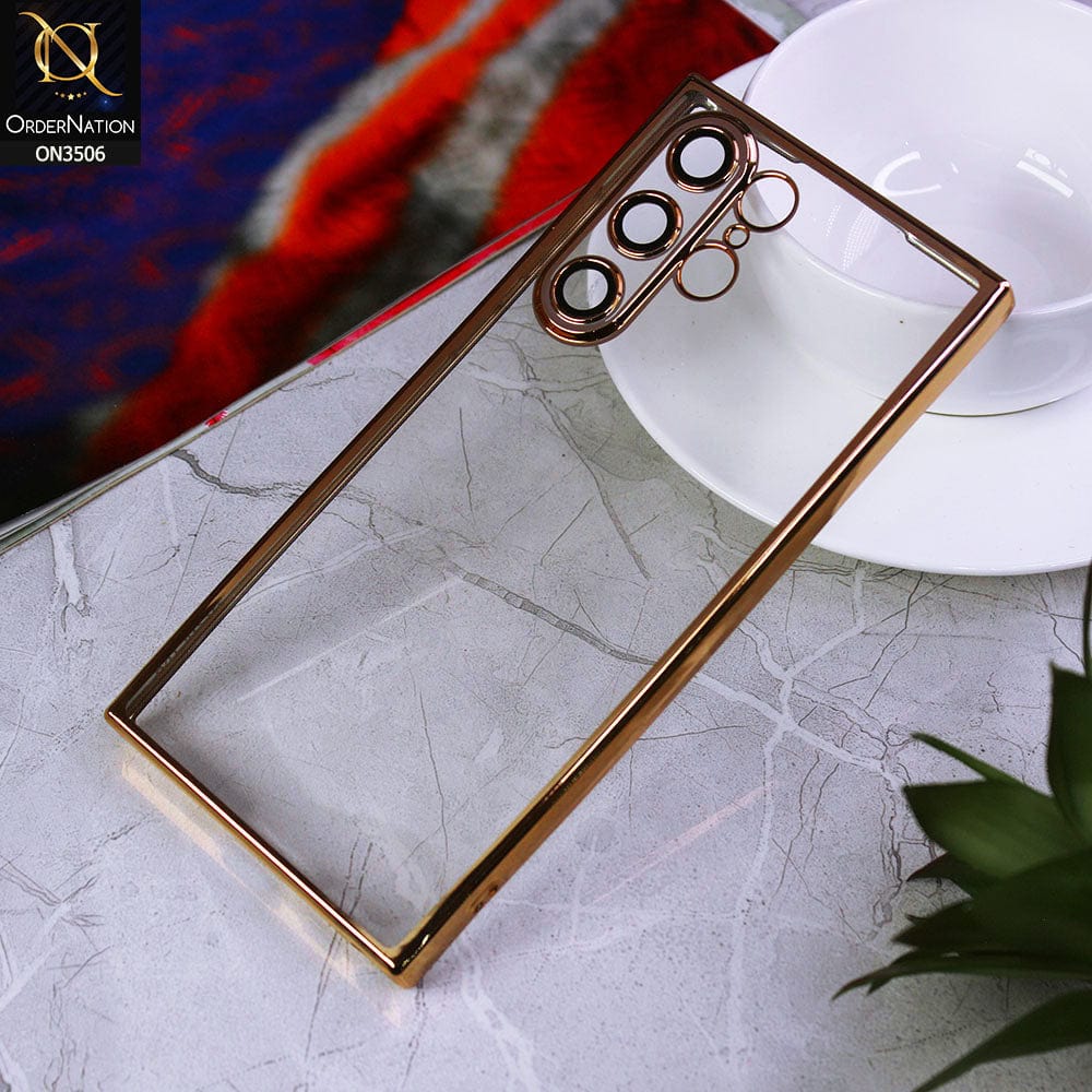 Samsung Galaxy S22 Ultra 5G Cover - Golden - Electroplated Shiny Borders Soft Silicone Camera Protection Clear Case