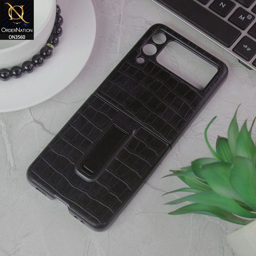 Samsung Galaxy Z Flip 3 5G Cover - Black - Crocks Texture Pu Leather Hard Case With Kick Stand