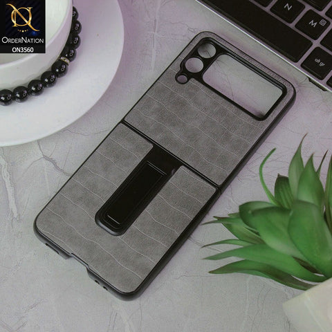 Samsung Galaxy Z Flip 3 5G Cover - Gray - Crocks Texture Pu Leather Hard Case With Kick Stand