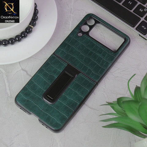 Samsung Galaxy Z Flip 3 5G Cover - Green - Crocks Texture Pu Leather Hard Case With Kick Stand