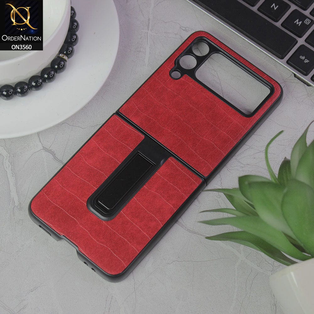 Samsung Galaxy Z Flip 4 5G Cover - Red - Crocks Texture Pu Leather Hard Case With Kick Stand