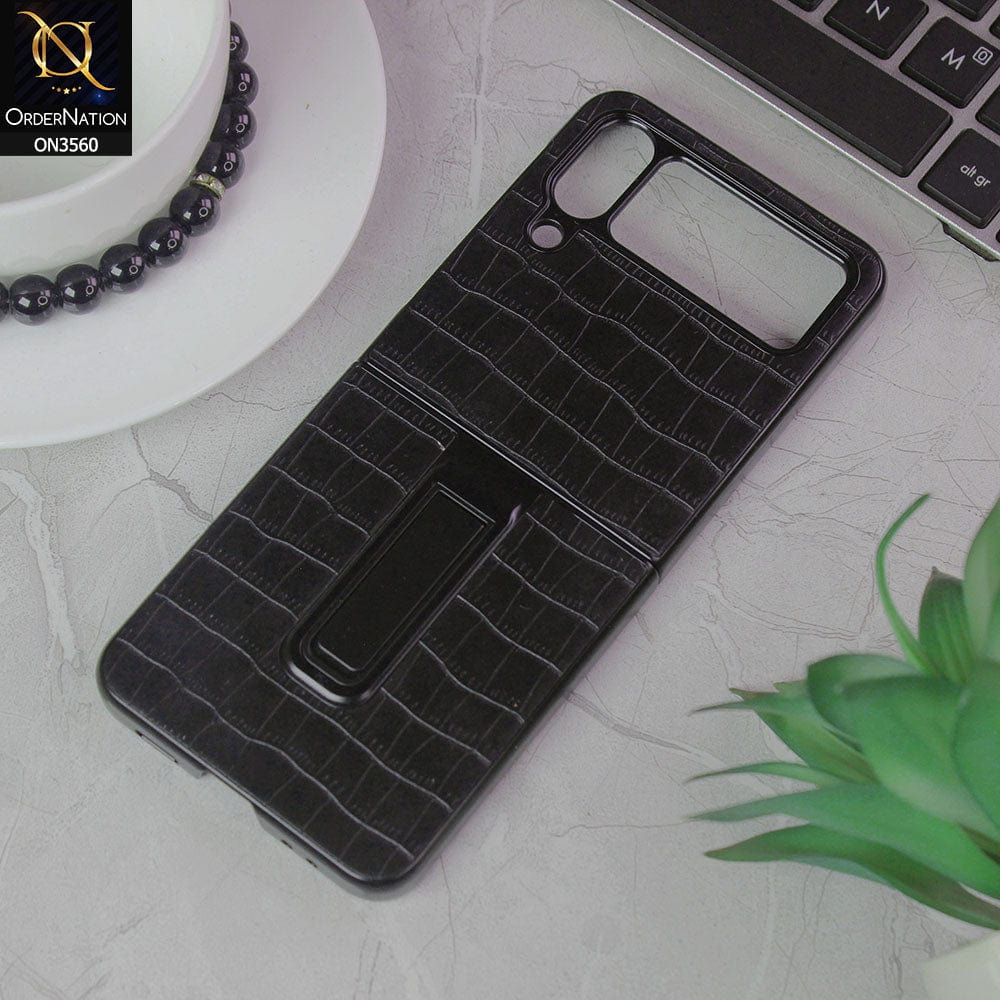 Samsung Galaxy Z Flip 4 5G Cover - Black - Crocks Texture Pu Leather Hard Case With Kick Stand