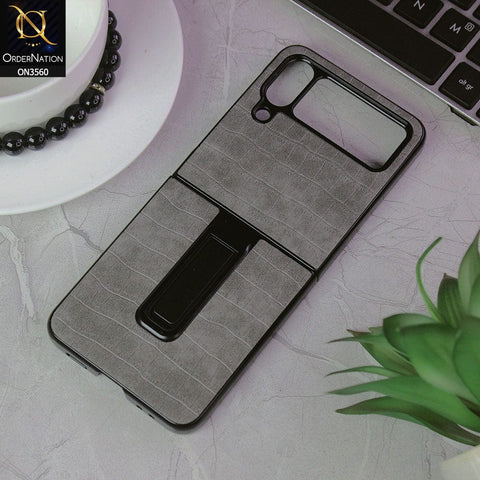 Samsung Galaxy Z Fold 3 5G Cover - Gray - Crocks Texture Pu Leather Hard Case With Kick Stand