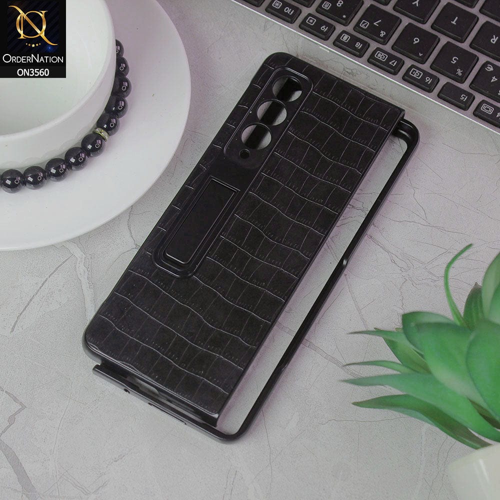 Samsung Galaxy Z Fold 3 5G Cover - Black - Crocks Texture Pu Leather Hard Case With Kick Stand