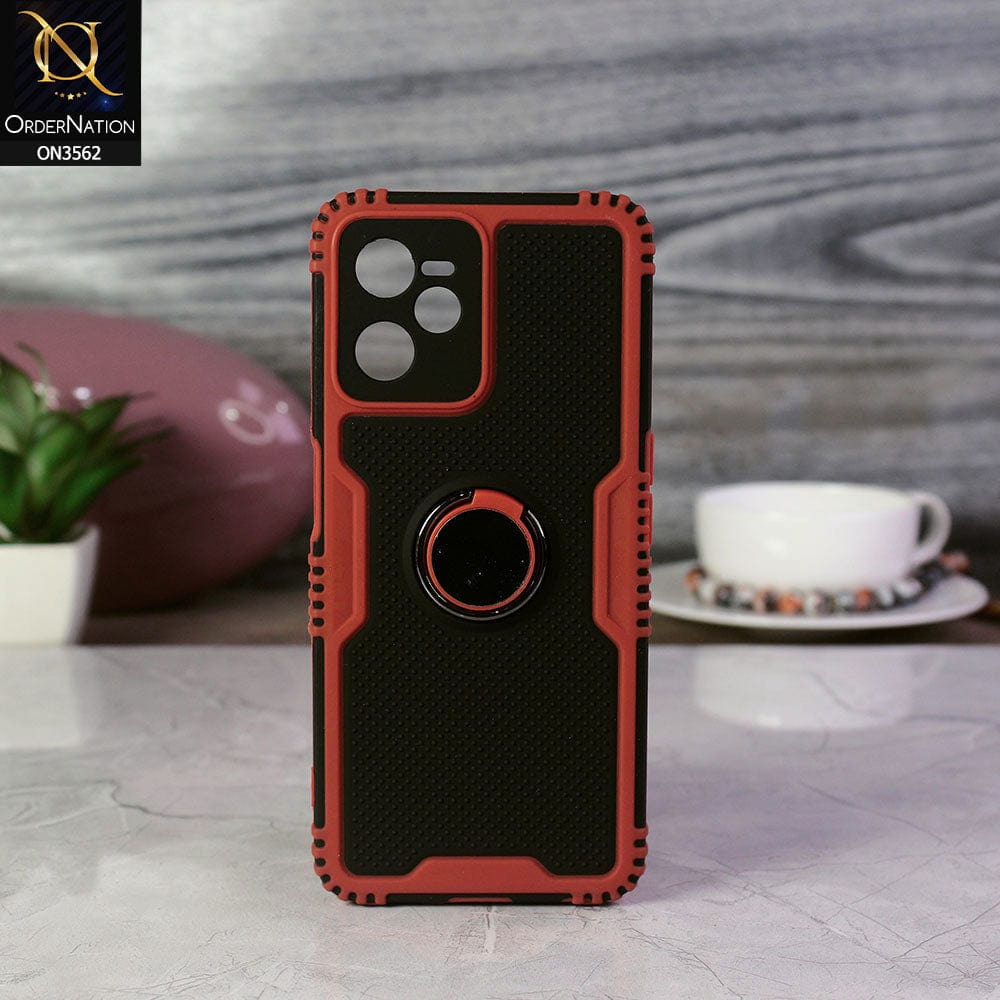 Realme C35 Cover - Red - Shockproff Dotted Hybrid Soft Case with Ring Holder