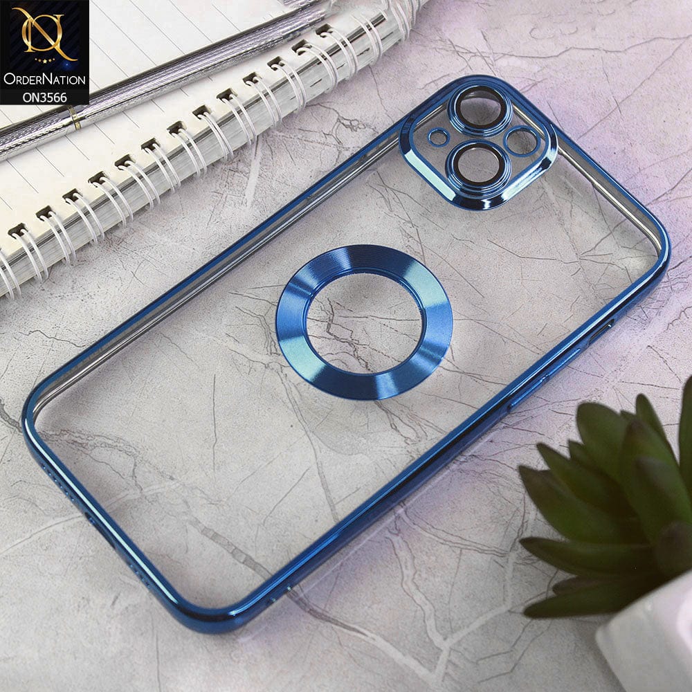 iPhone 14 Plus Cover - Blue - Electroplating Borders Logo Hole Camera Lens Protection Soft Silicone Case