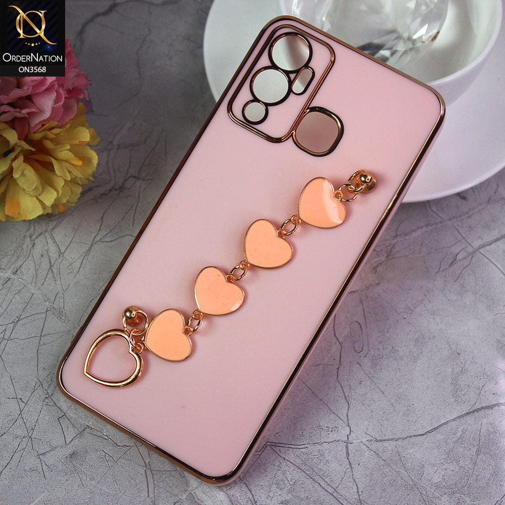 Infinix Hot 12 Play Cover - Pink - Electroplated Edges Soft Silicone Heart Chain Fingers Holder Case with Camera Protection