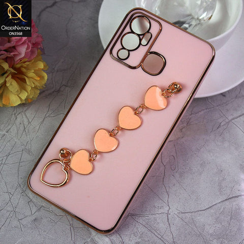 Infinix Hot 12 Play Cover - Pink - Electroplated Edges Soft Silicone Heart Chain Fingers Holder Case with Camera Protection