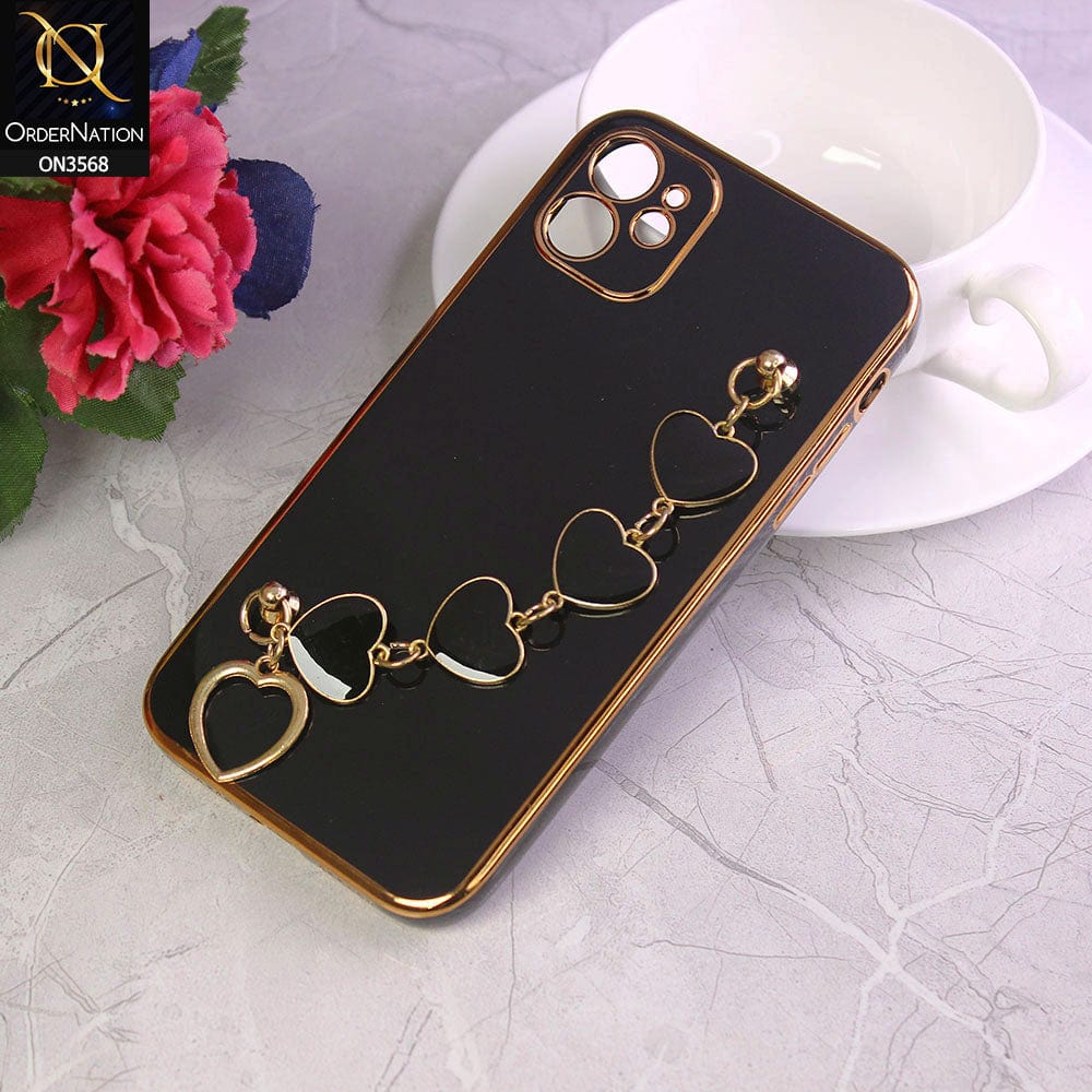 iPhone 11 Cover - Black - Electroplated Edges Soft Silicone Heart Chain Fingers Holder Case with Camera Protection