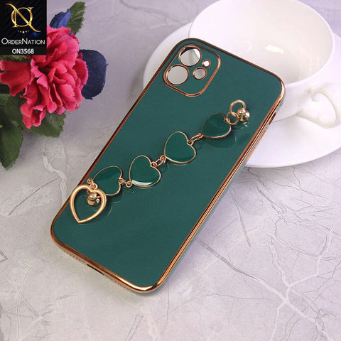 iPhone 11 Cover - Green - Electroplated Edges Soft Silicone Heart Chain Fingers Holder Case with Camera Protection