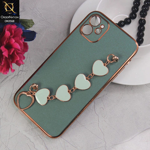 IPhone 11 Cover - Pine Green - Electroplated Edges Soft Silicone Heart Chain Fingers Holder Case with Camera Protection