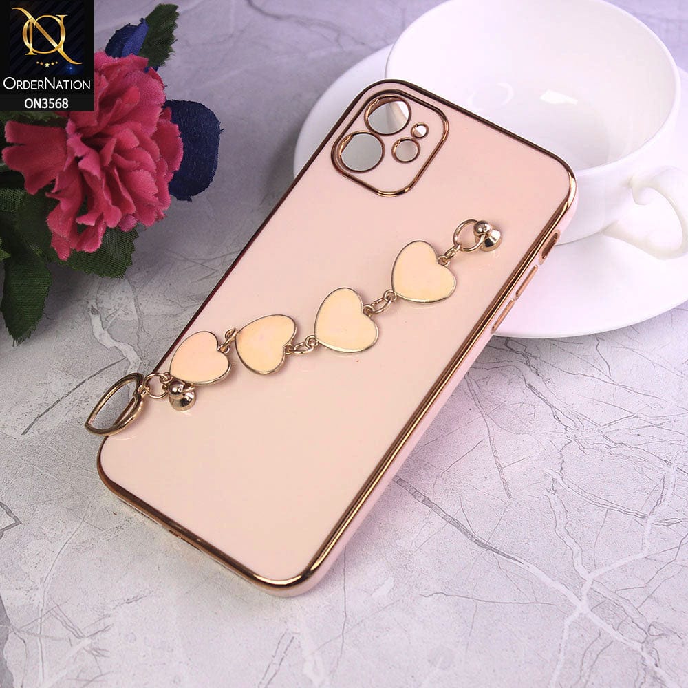iPhone 11 Cover - Pink - Electroplated Edges Soft Silicone Heart Chain Fingers Holder Case with Camera Protection