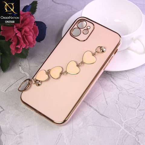 iPhone 11 Cover - Pink - Electroplated Edges Soft Silicone Heart Chain Fingers Holder Case with Camera Protection