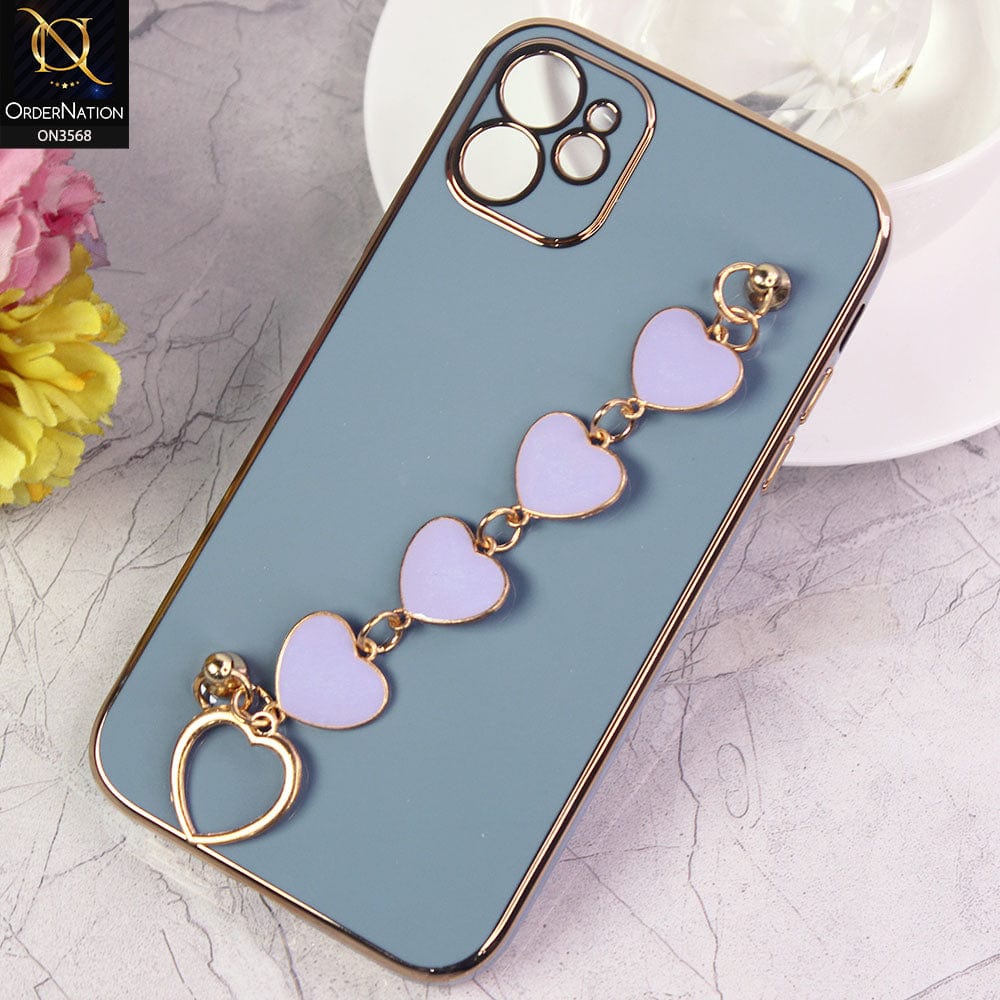 iPhone 11 Cover - Sierra Blue - Electroplated Edges Soft Silicone Heart Chain Fingers Holder Case with Camera Protection