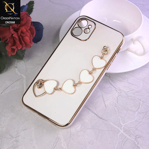 iPhone 11 Cover - White - Electroplated Edges Soft Silicone Heart Chain Fingers Holder Case with Camera Protection