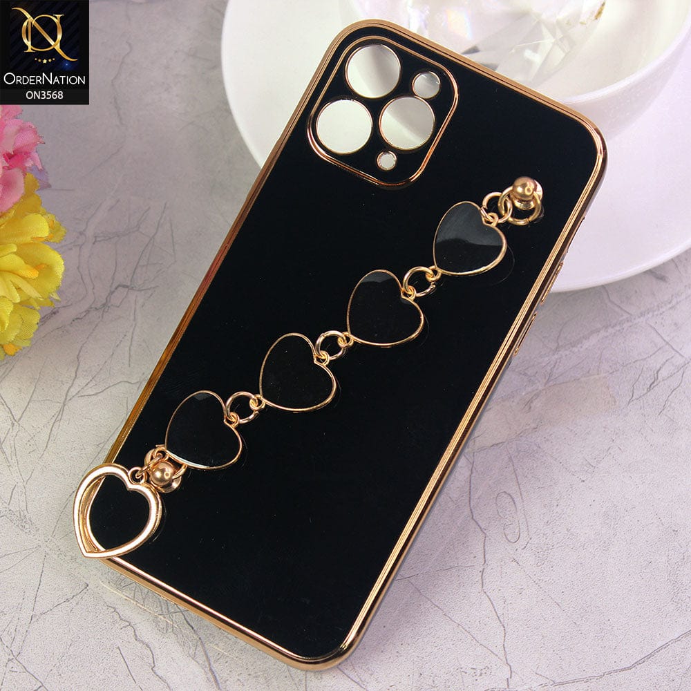 iPhone 11 Pro Cover - Black - Electroplated Edges Soft Silicone Heart Chain Fingers Holder Case with Camera Protection