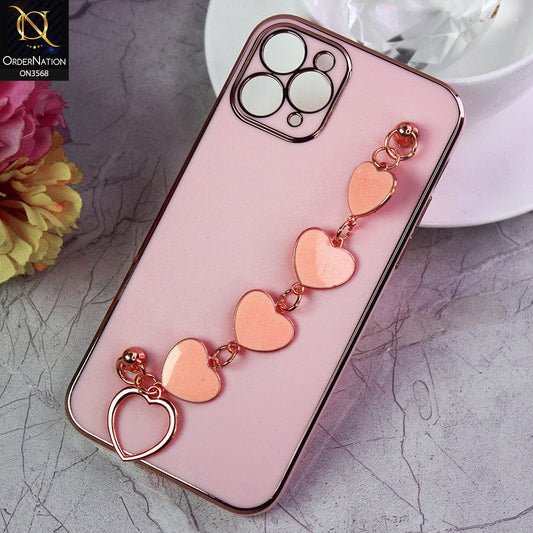 iPhone 11 Pro Cover - Pink - Electroplated Edges Soft Silicone Heart Chain Fingers Holder Case with Camera Protection