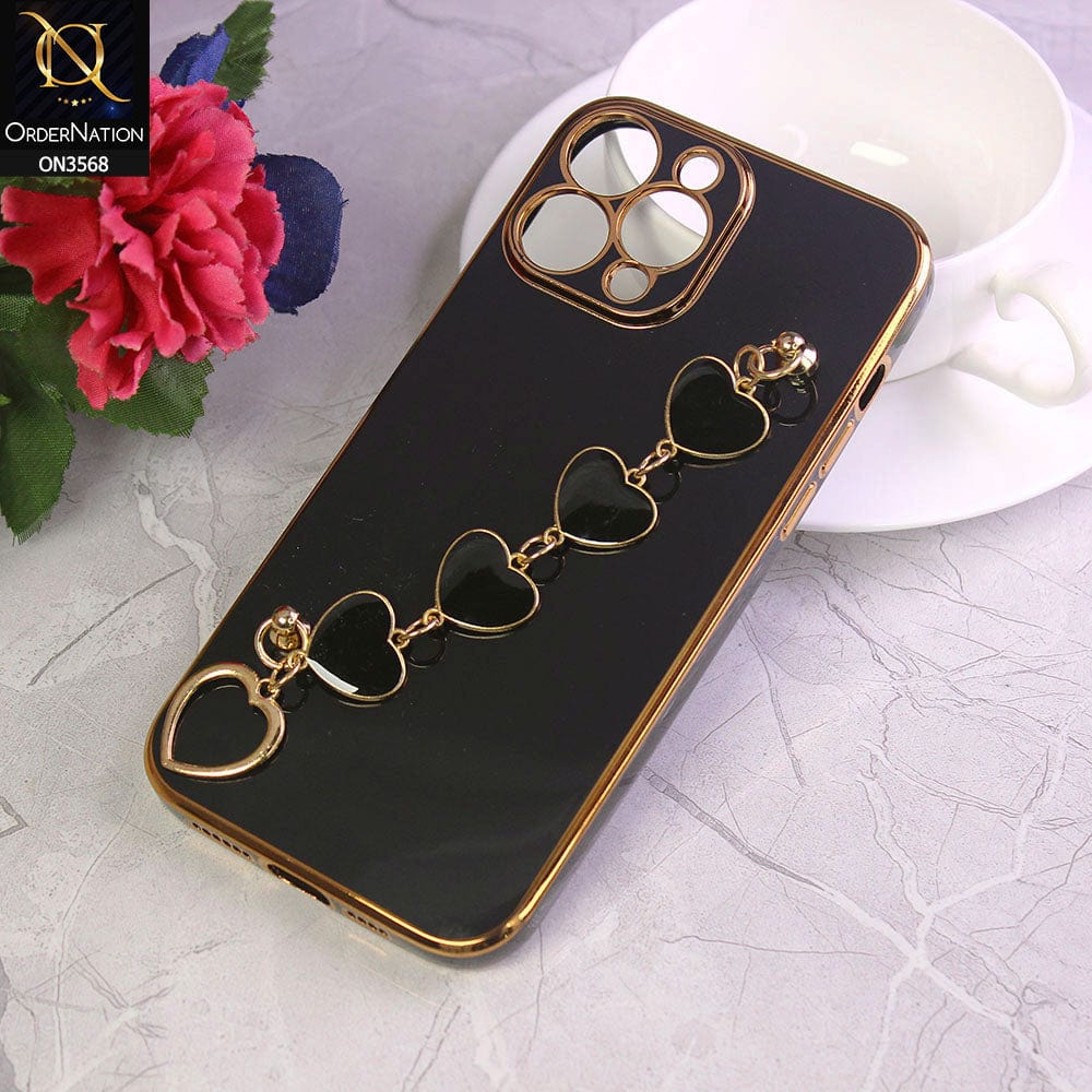 iPhone 11 Pro Max Cover - Black - Electroplated Edges Soft Silicone Heart Chain Fingers Holder Case with Camera Protection