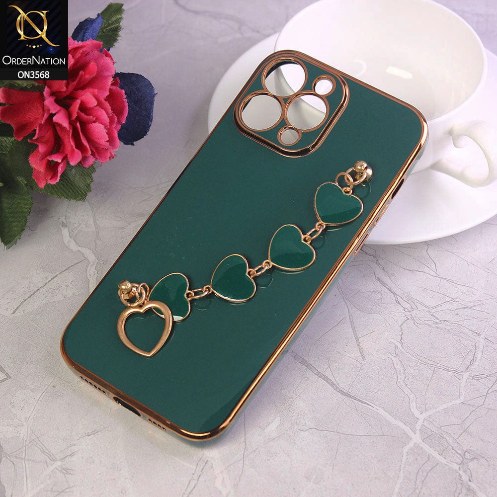 iPhone 11 Pro Max Cover - Green - Electroplated Edges Soft Silicone Heart Chain Fingers Holder Case with Camera Protection