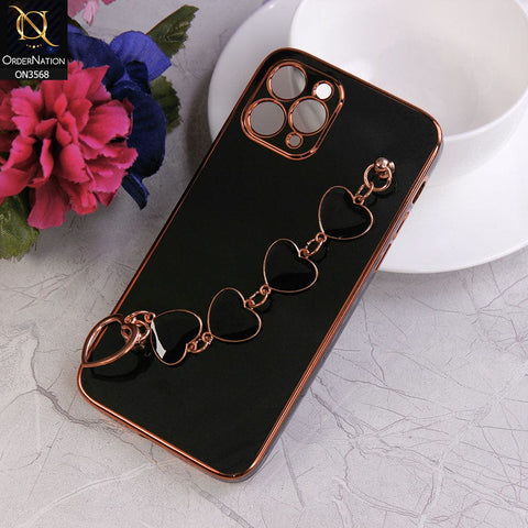 iPhone 12 Pro Cover - Black - Electroplated Edges Soft Silicone Heart Chain Fingers Holder Case with Camera Protection