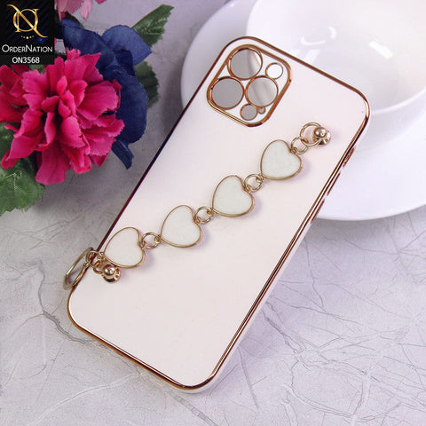iPhone 12 Pro Cover - White - Electroplated Edges Soft Silicone Heart Chain Fingers Holder Case with Camera Protection