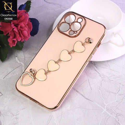 iPhone 12 Pro Max Cover - Pink - Electroplated Edges Soft Silicone Heart Chain Fingers Holder Case with Camera Protection