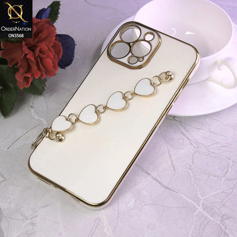 iPhone 12 Pro Max Cover - White - Electroplated Edges Soft Silicone Heart Chain Fingers Holder Case with Camera Protection