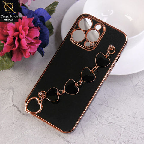 iPhone 13 Pro Cover - Black - Electroplated Edges Soft Silicone Heart Chain Fingers Holder Case with Camera Protection