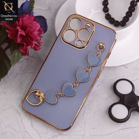 iPhone 13 Pro Cover - Sierra Blue - Electroplated Edges Soft Silicone Heart Chain Fingers Holder Case with Camera Protection