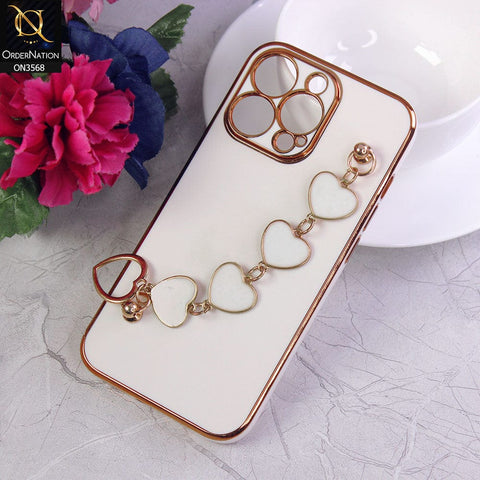 iPhone 13 Pro Cover - White - Electroplated Edges Soft Silicone Heart Chain Fingers Holder Case with Camera Protection