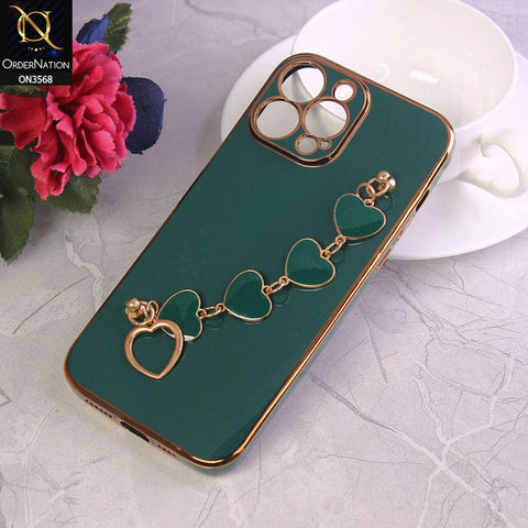 iPhone 13 Pro Max Cover - Green - Electroplated Edges Soft Silicone Heart Chain Fingers Holder Case with Camera Protection