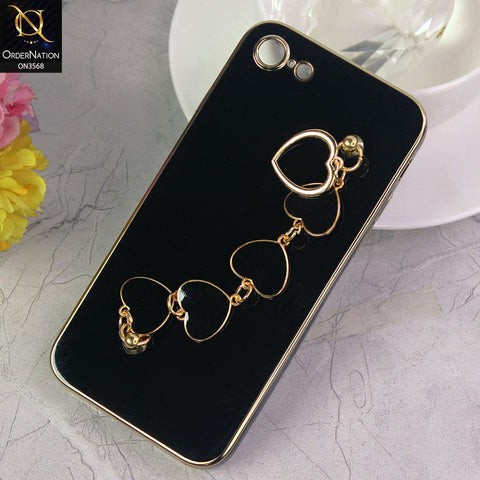 iPhone SE 2020 Cover - Black - Electroplated Edges Soft Silicone Heart Chain Fingers Holder Case with Camera Protection