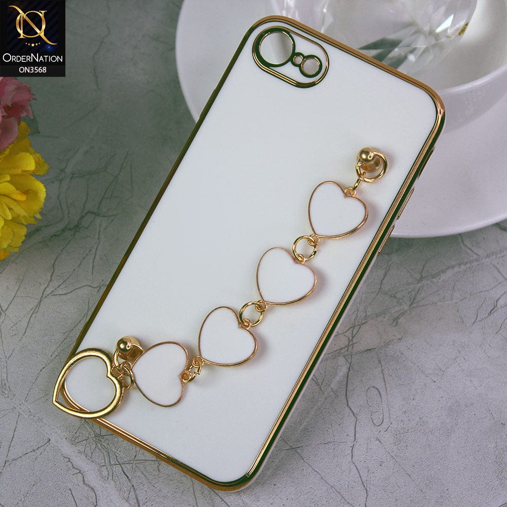 iPhone 8 / 7 Cover - White - Electroplated Edges Soft Silicone Heart Chain Fingers Holder Case with Camera Protection