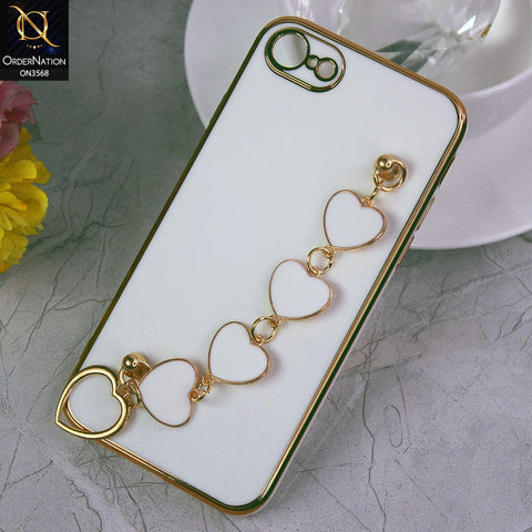 iPhone SE 2022 Cover - White - Electroplated Edges Soft Silicone Heart Chain Fingers Holder Case with Camera Protection
