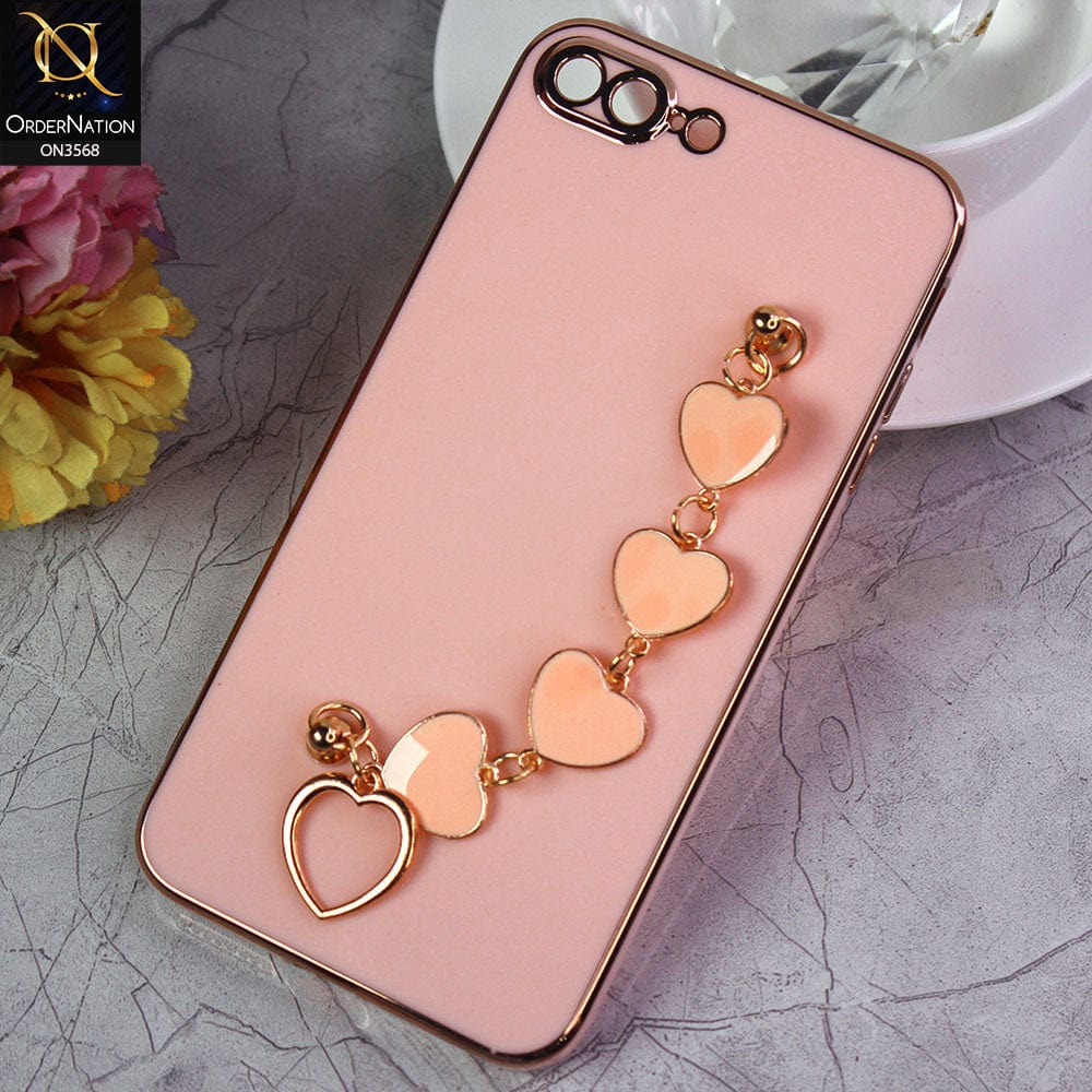 iPhone 8 Plus / 7 Plus Cover - Pink - Electroplated Edges Soft Silicone Heart Chain Fingers Holder Case with Camera Protection