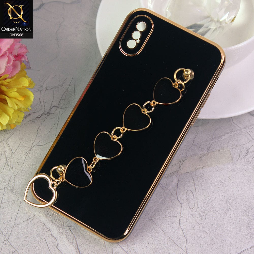 iPhone XS / X Cover - Black - Electroplated Edges Soft Silicone Heart Chain Fingers Holder Case with Camera Protection