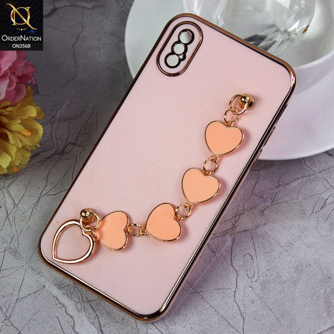 iPhone XS / X Cover - Pink - Electroplated Edges Soft Silicone Heart Chain Fingers Holder Case with Camera Protection