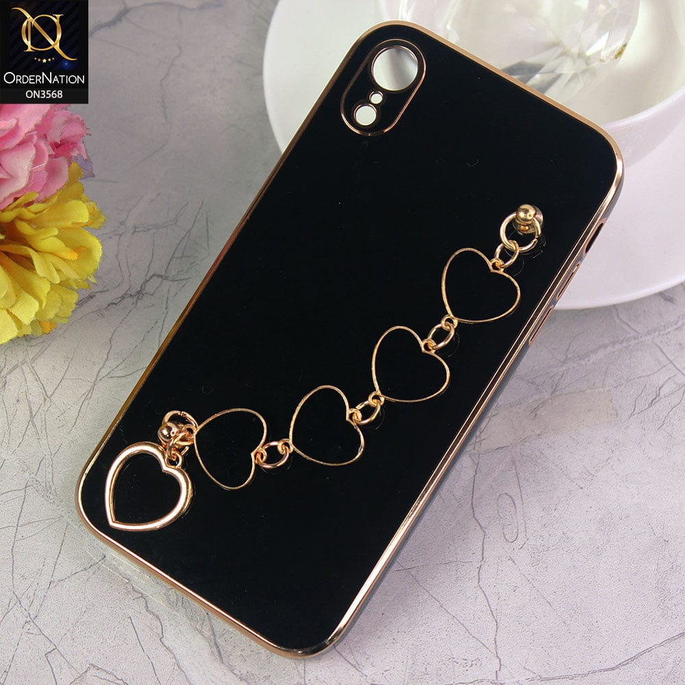 iPhone XR Cover - Black - Electroplated Edges Soft Silicone Heart Chain Fingers Holder Case with Camera Protection